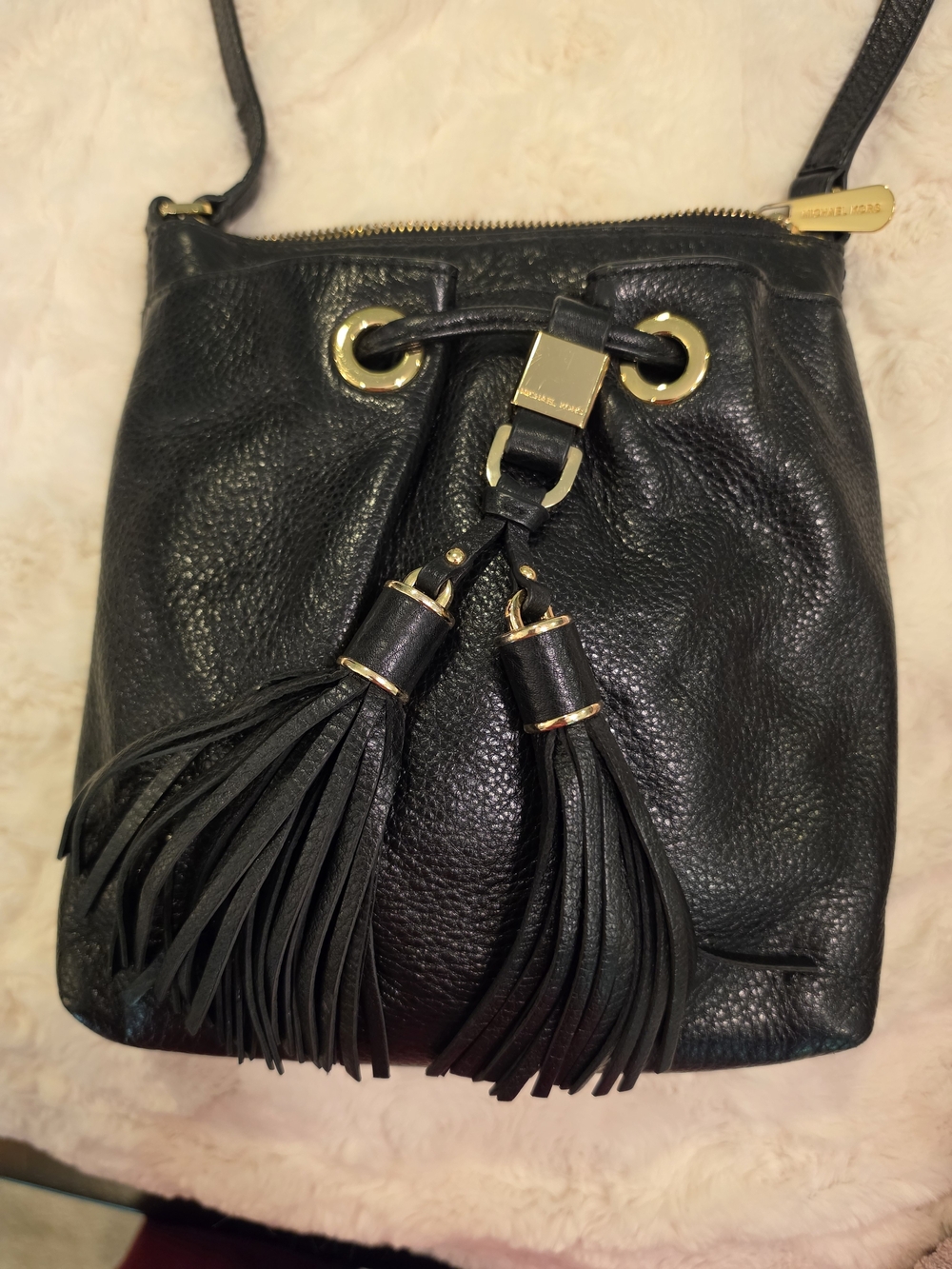 Michael Kors Black Leather Tassel Drawstring Crossbody Bag
